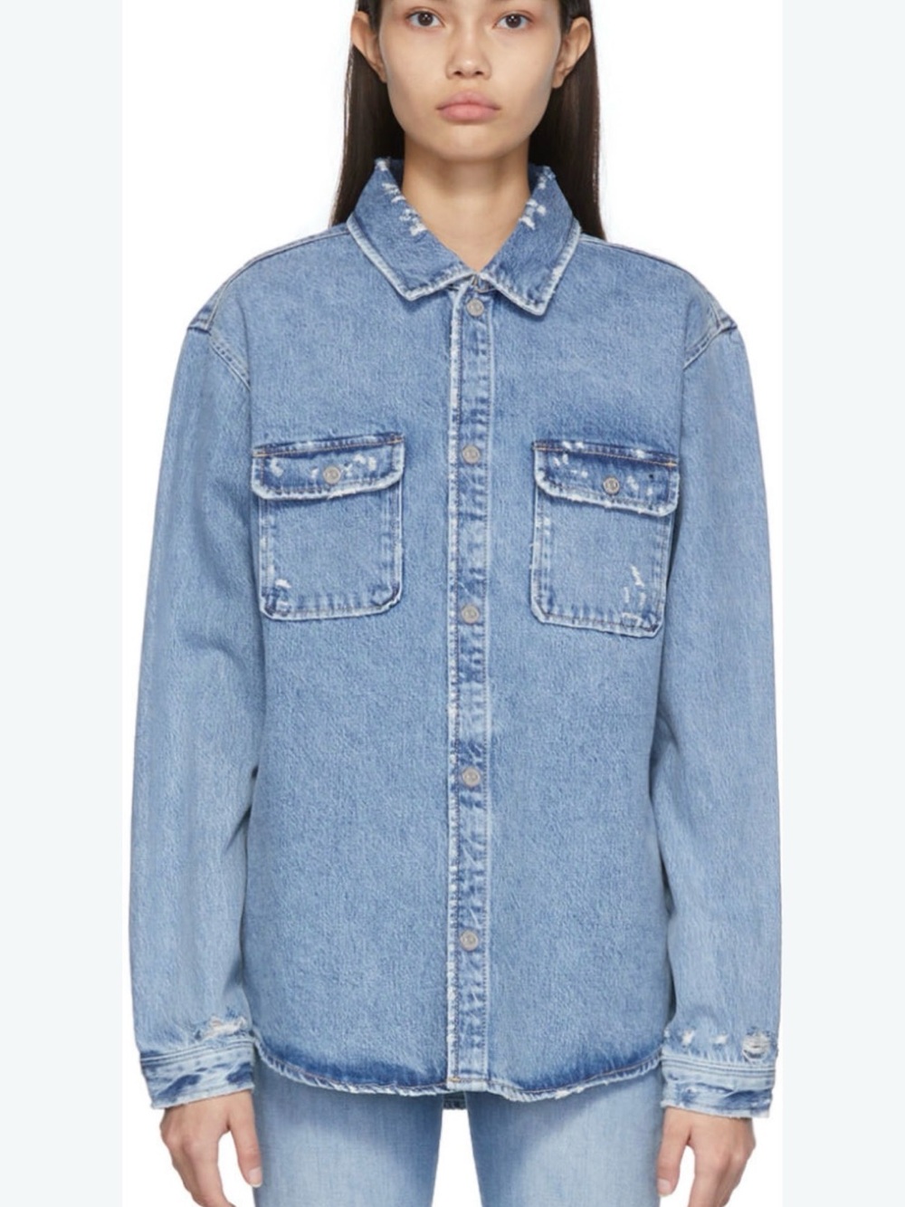 Frame Denim Light Blue Distressed Denim Shirt Jacket, Relaxed Fit, Unisex - Picture 2 of 13